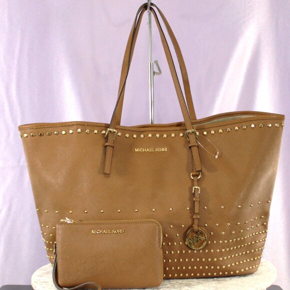 Michael Kors Jet Set Studded Tote + New Jet Set Travel Wristlet Luggage - Picture 1 of 16